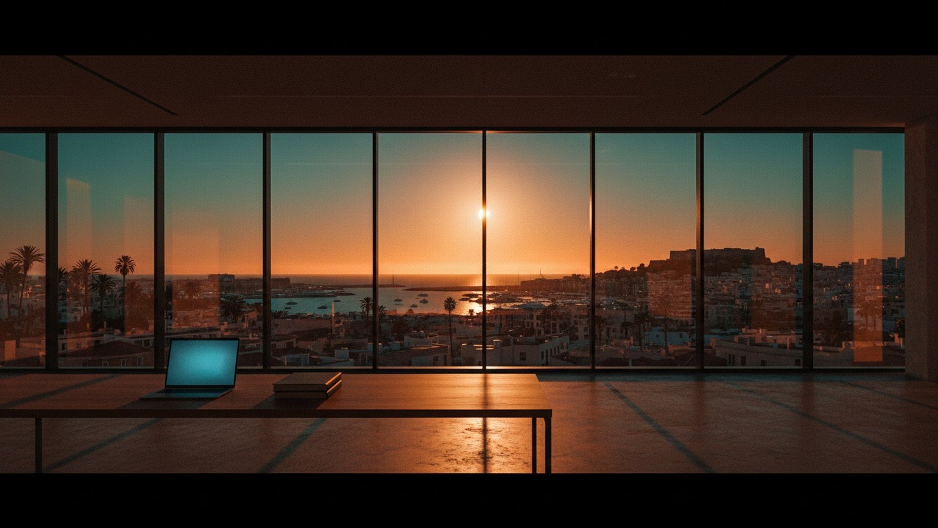 Bureau baigné de lumière du soir, un ordinateur ouvert et des dossiers rangés près d'une grande fenêtre sur la ville